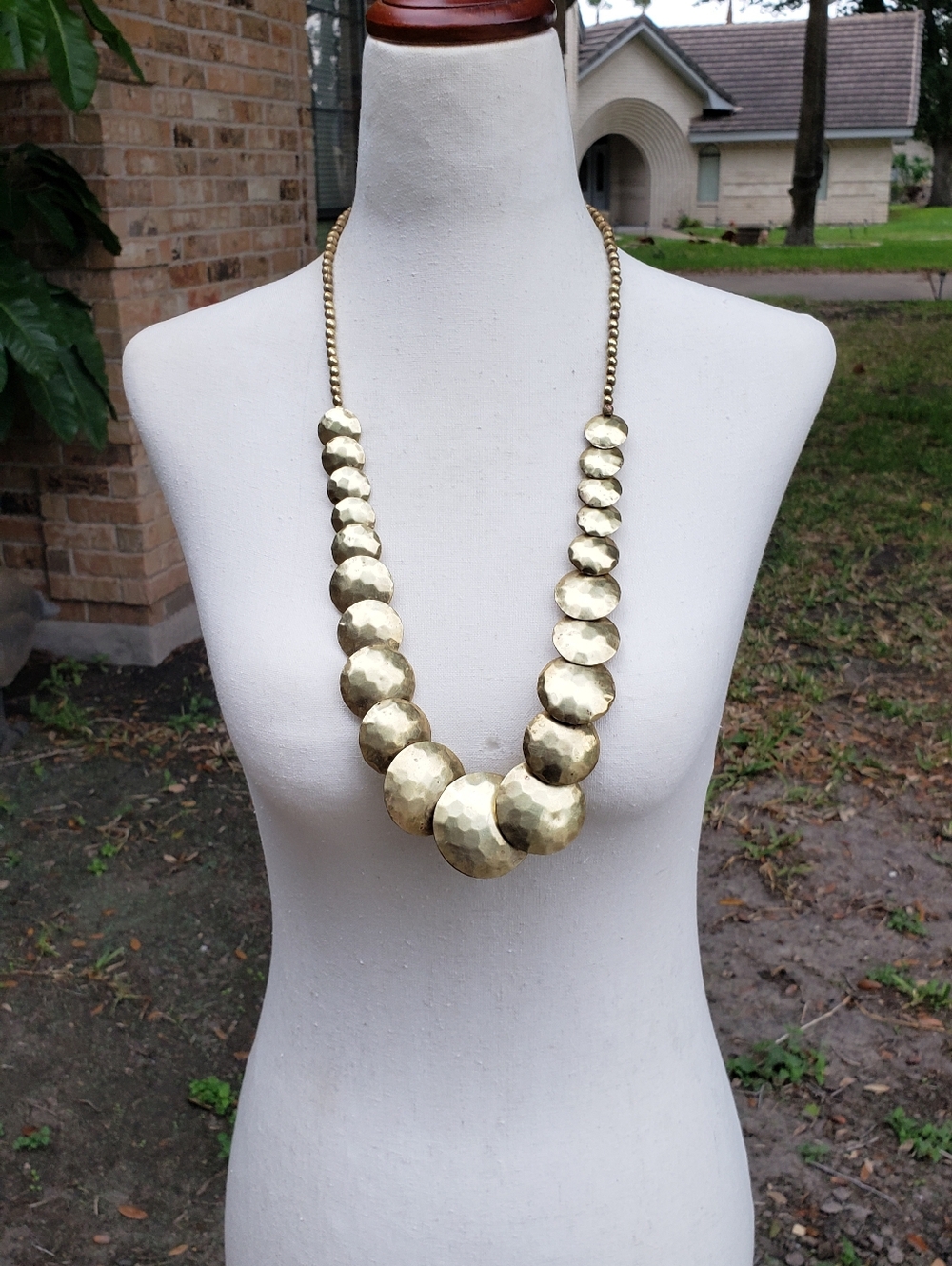 Elegant Brass Hammered Disc Beaded Statement  Necklace